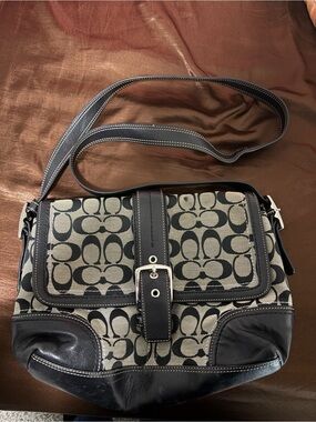 Coach Signature Canvas and Black Leather Shoulder Bag